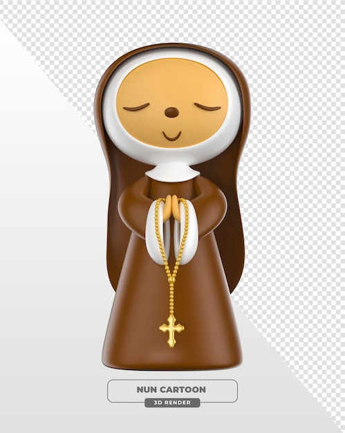 Bild einer betenden Nonne im minimalistischen Cartoon-Stil mit braunem Habit und goldenem Rosenkranz in 3D-Rendering