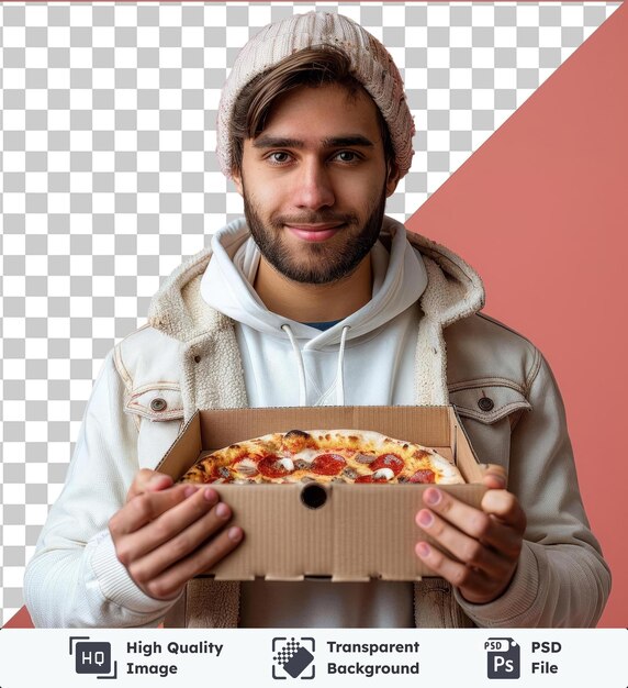 PSD bild von einem hübschen jungen mann, der eine kiste mit frischer pizza in den händen hält