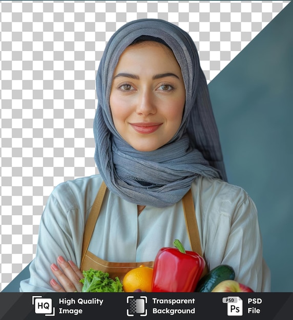 PSD bild von einer jungen weiblichen ernährungswissenschaftlerin, die ein buntes sortiment von obst und gemüse hält, ein weißes hemd und einen blau-grauen schal trägt, ein lächelndes gesicht und blau-braune augen hat