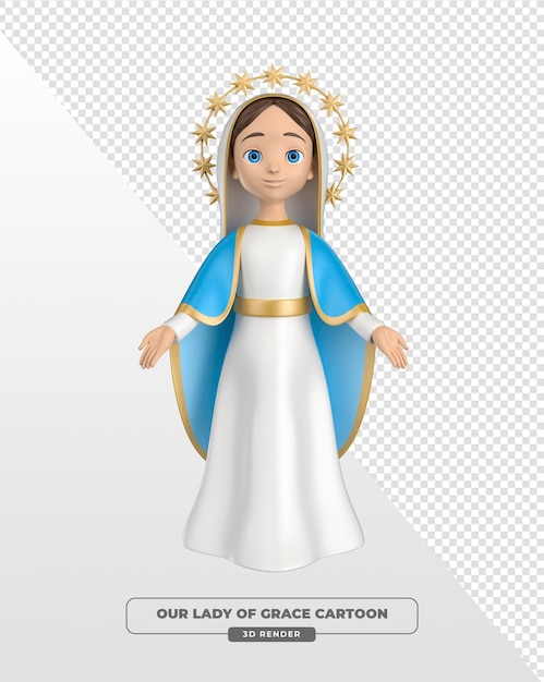Bild von Unserer Lieben Frau der Gnade im Cartoon-Stil mit blauem Mantel in 3D-Rendering