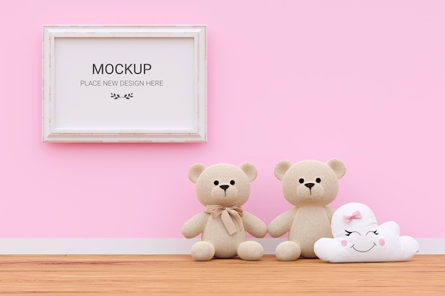 Bilderrahmenmodell mit niedlicher teddybärenvase auf rosa wand 3d-gerenderte illustration