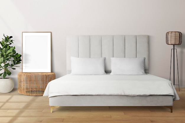 Bilderrahmenmodell psd, das sich in minimalem Schlafzimmer-Wohnkultur-Interieur lehnt