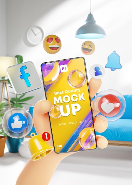 PSD bildschirm-mockup-vorlage niedliche hand, die smartphone-facebook-icons im wohnzimmer future modern life concept 3d render hält