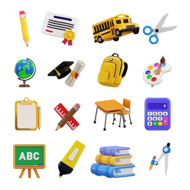 Bildungs-Icon-Set 3D-Rendering-Konzept von Schul- und Hochschul-Bildungsmaterialien Icon-Set-Vektor