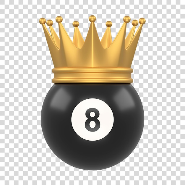 Billardkugel Nummer acht, schwarze Farbe, trägt eine goldene Krone, isoliert auf weißem Hintergrund, 3D-Rendering