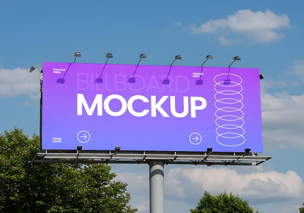 Billboard Mockup Right Angle View with Trees Behind and Sky Background