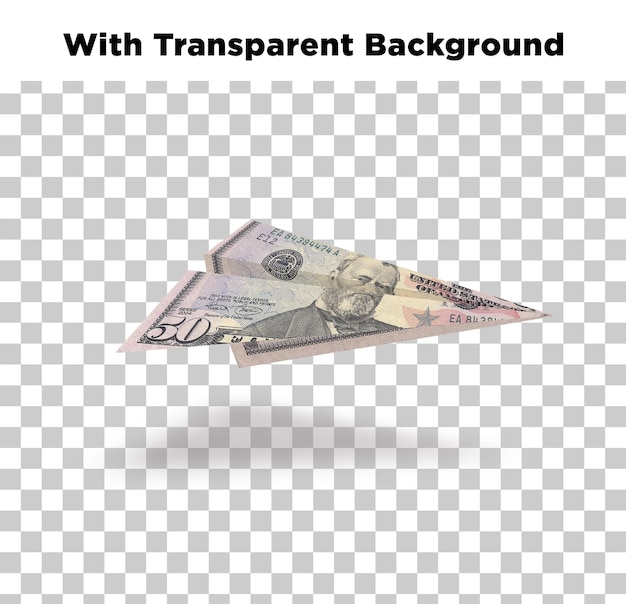 Un billet de 50 dollars plié en un avion en papier avec un fond transparent