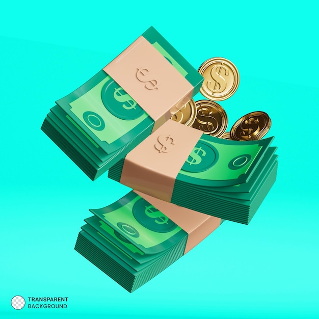 Billet d'un dollar et icône de pièce d'or rendu 3d isolé Illustration