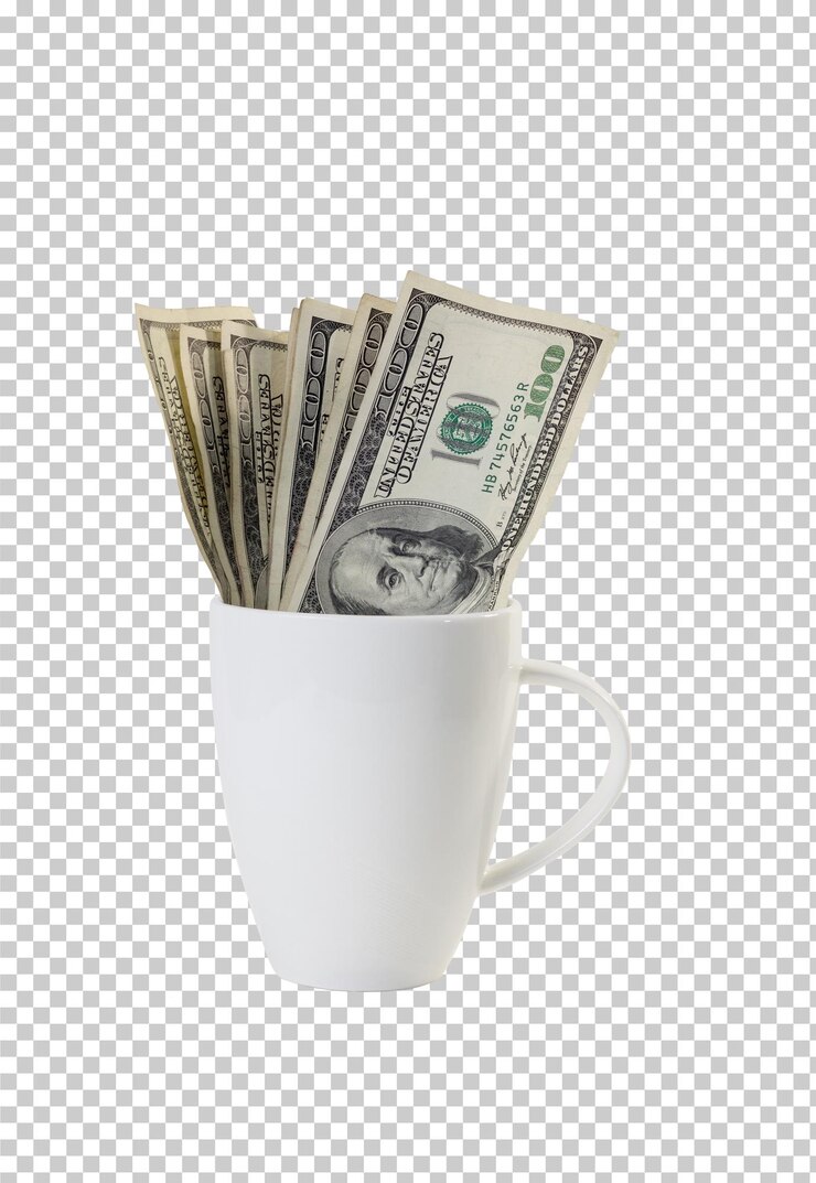 PSD billete en una taza de café aislada