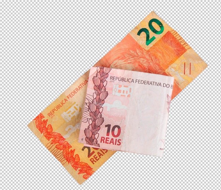 PSD billete de veinte y diez reales brasileños png fondo transparente