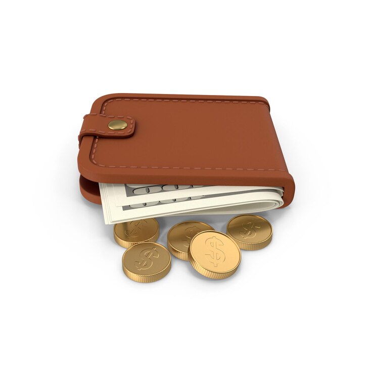 PSD billetera con dinero y monedas de oro