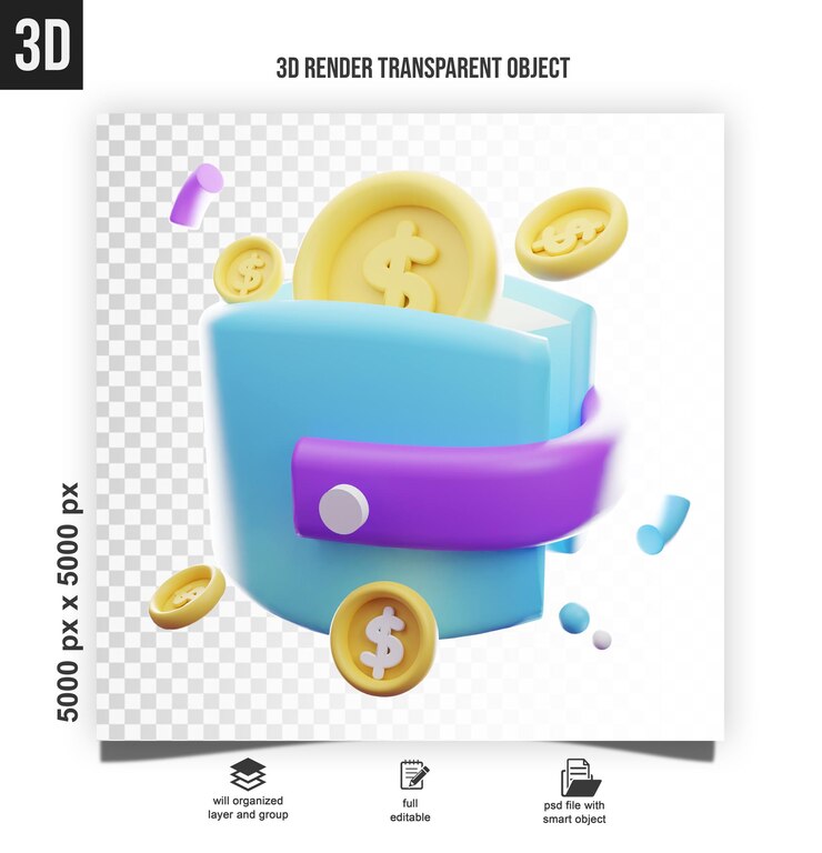 PSD billetera con monedas de dólar y billetes de dólar ilustración 3d