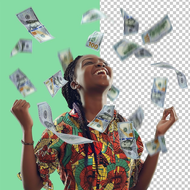 PSD los billetes de dólar estadounidense lloviendo sobre una mujer africana con trenzas emocionada mirando hacia arriba con las manos en el aire
