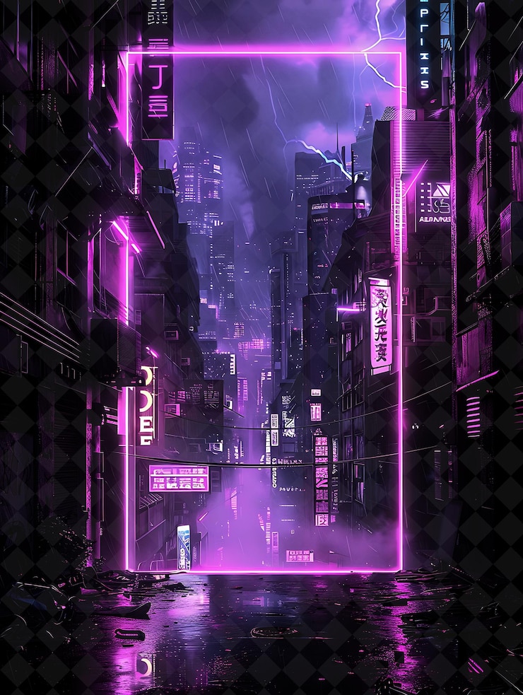 PSD bingkai png cyberpunk skyline dengan logo longsoran bangunan futuristis bentuk neon y2k pada latar belakang gelap