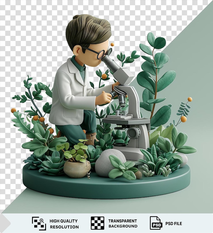 PSD biologiste 3d étudiant les plantes au microscope