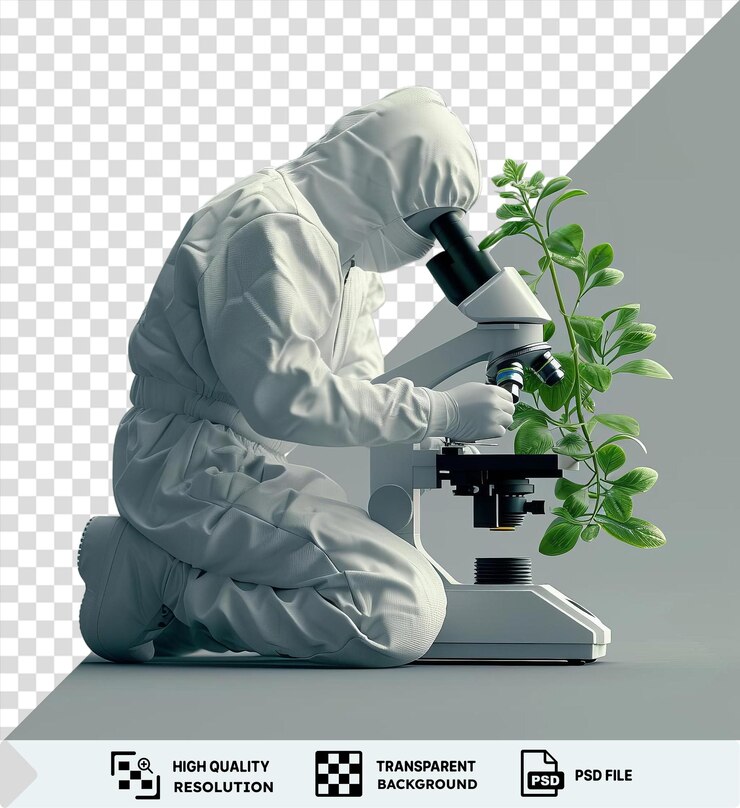 PSD un biologiste 3d étudiant des plantes avec un microscope entouré d'une plante verte et d'un mur blanc portant une cape blanche et tenant une caméra blanche et noire