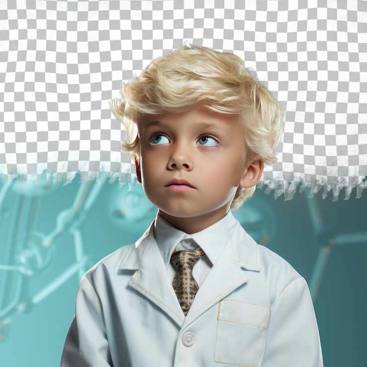 PSD biólogo molecular niño cabello rubio ansioso de oriente medio posando en el estilo de mirar por encima del hombro en azul pastel
