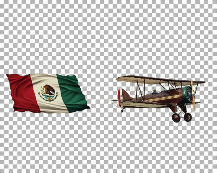 PSD biplano antiguo remolcando la bandera mexicana en vuelo