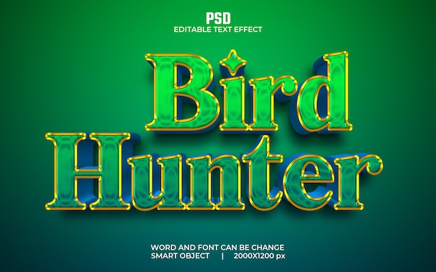 Bird hunter 3d efecto de texto editable PSD Premium con fondo