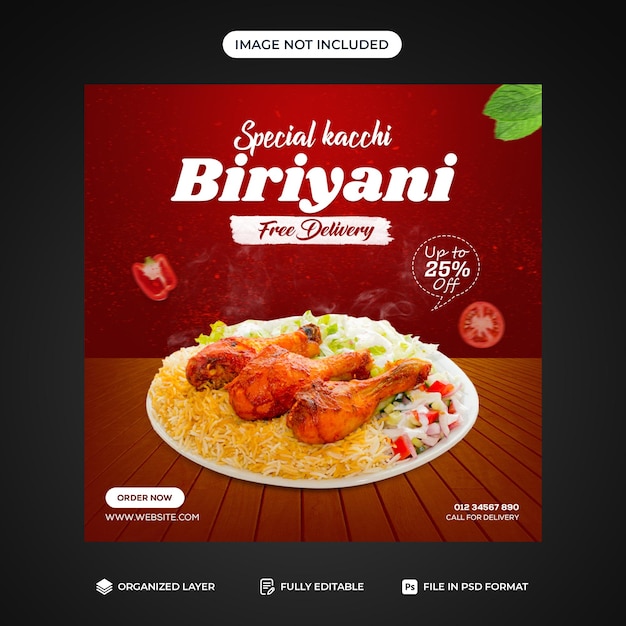 Biriyani Menu del cibo e modello di post sui social media del ristorante