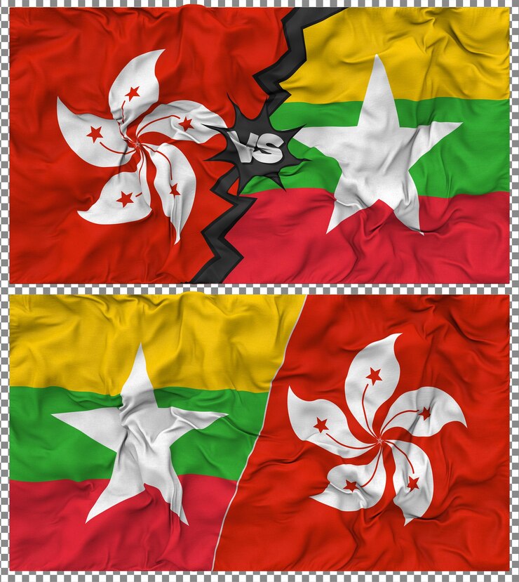 PSD birmania contra hong kong media bandera combinada con textura 3d de la tela de la bandera