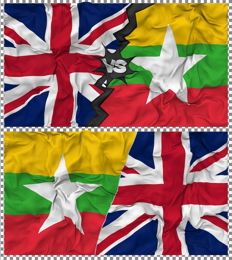 PSD la birmanie contre le royaume-uni half combined flag cloth bump texture rendering 3d
