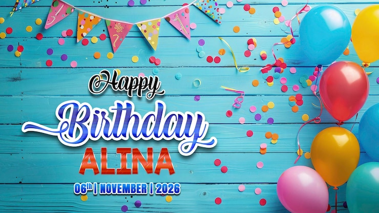 PSD birthday party background with colorful decoration flag and conflicts balloons on wooden background