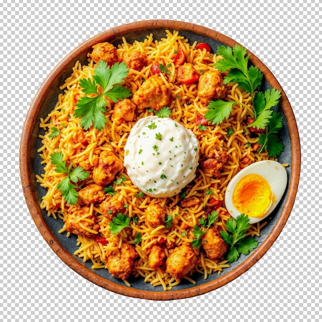 Biryani de frango autêntico adornado com ovo e coentro fresco Com fundo transparente
