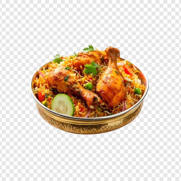 biryani e pezzi di pollo su uno sfondo trasparente