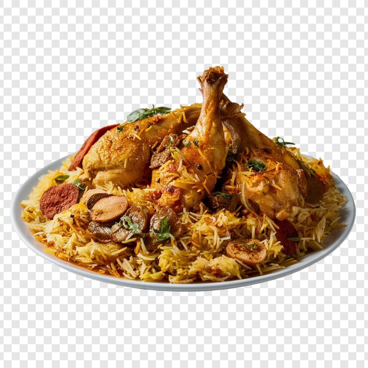 PSD biryani con pedazos de pollo aislados en un fondo transparente