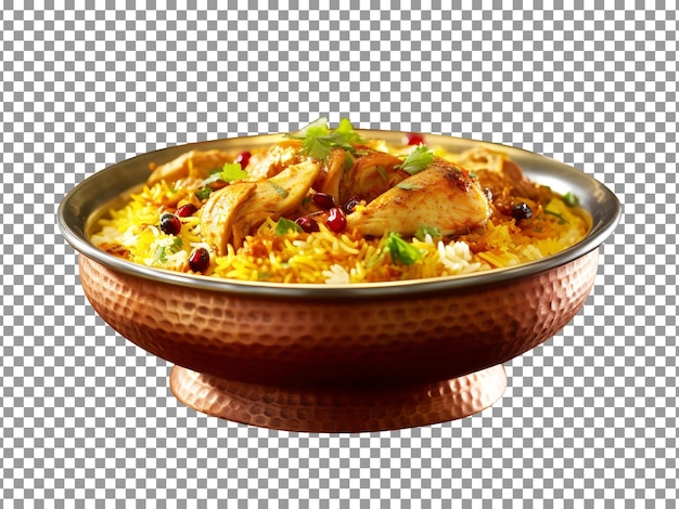 Biryani de pollo sabroso en tazón de bronce con fondo transparente