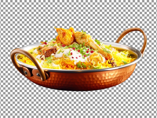 Biryani de pollo sabroso en tazón de bronce con fondo transparente