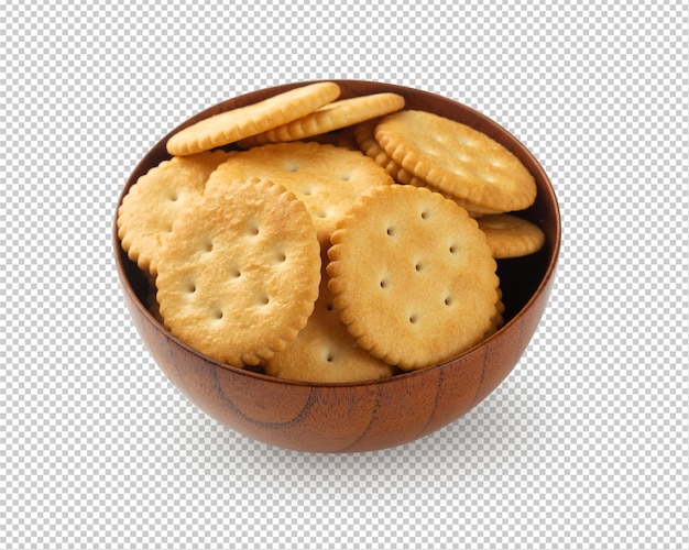 PSD biscoito cracker em tigela de madeira isolado
