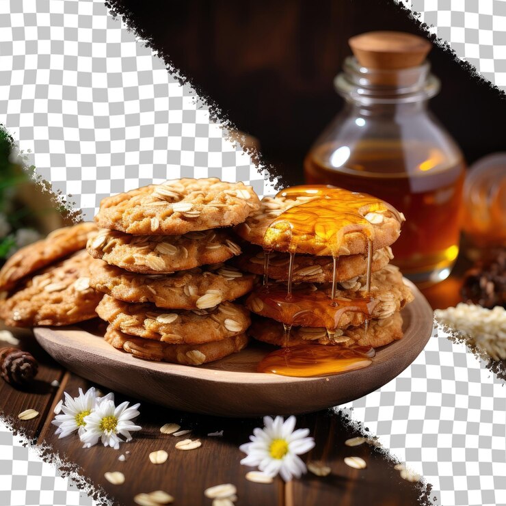 PSD biscoitos de aveia saudáveis feitos com aveia seca e adoçados com mel exibidos em uma mesa de madeira marrom com fundo transparente