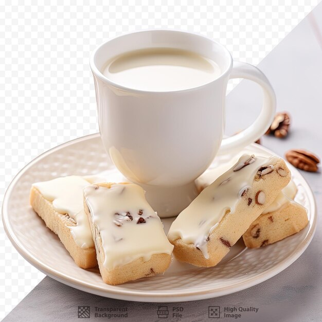 PSD des biscuits au chocolat blanc et au pain de noix accompagnés d'une tasse de café laiteux