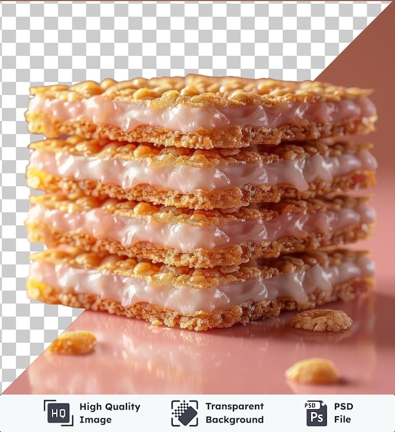 PSD des biscuits chikkie transparents empilés l'un sur l'autre avec un mur rose en arrière-plan et un donut blanc à gauche