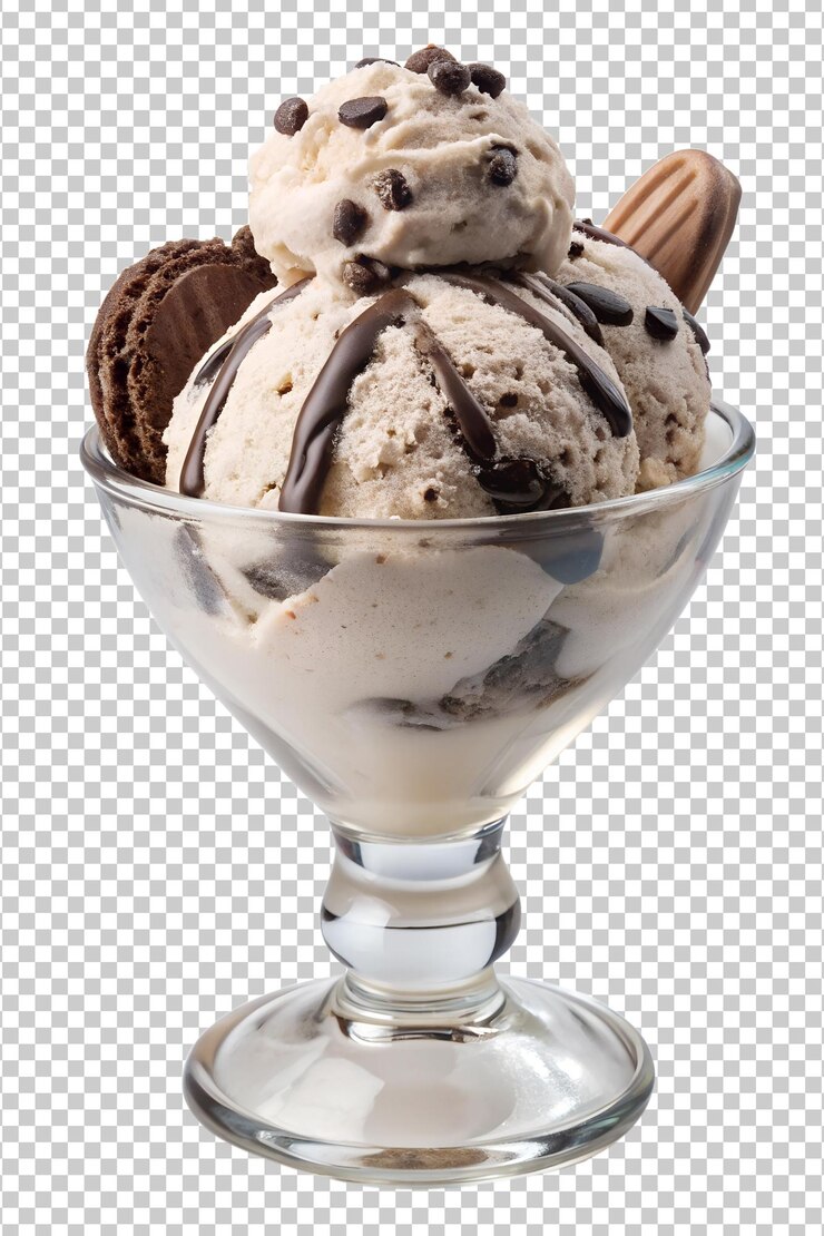 Des biscuits et de la crème glacée avec de la pluie de chocolat dans un plat de glace sundae fichier PNG transparent