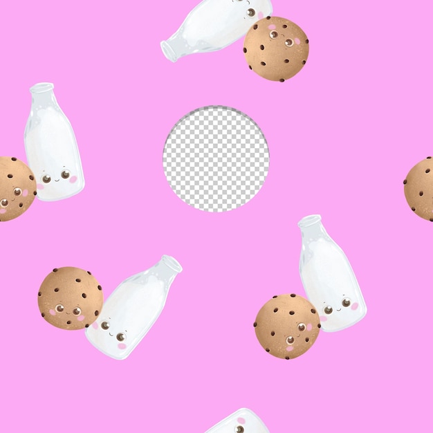 PSD biscuits mignons et bouteilles de lait modèle sans couture style kawaii sur fond rose