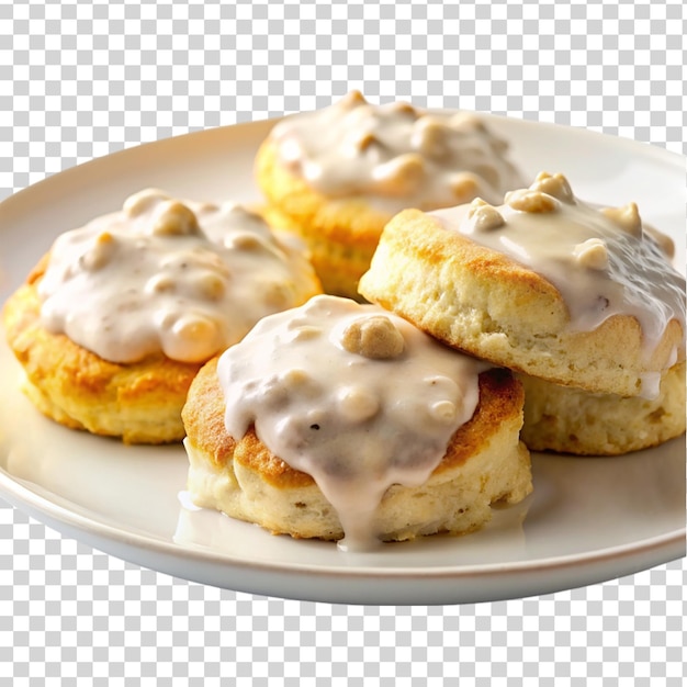 PSD des biscuits réconfortants et une délicieuse sauce sur une assiette blanche isolée sur un fond transparent