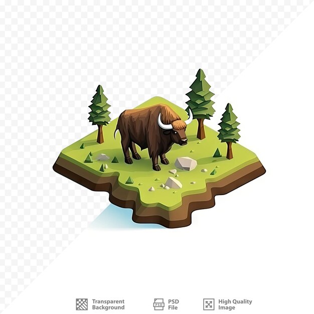 PSD un bison sur une bûche avec des arbres et une bûche.