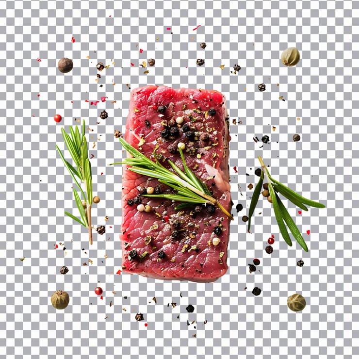 PSD bistec de carne cruda con romero aislado sobre un fondo transparente