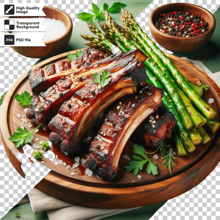 PSD bistec de carne a la parrilla con verduras sobre un fondo transparente