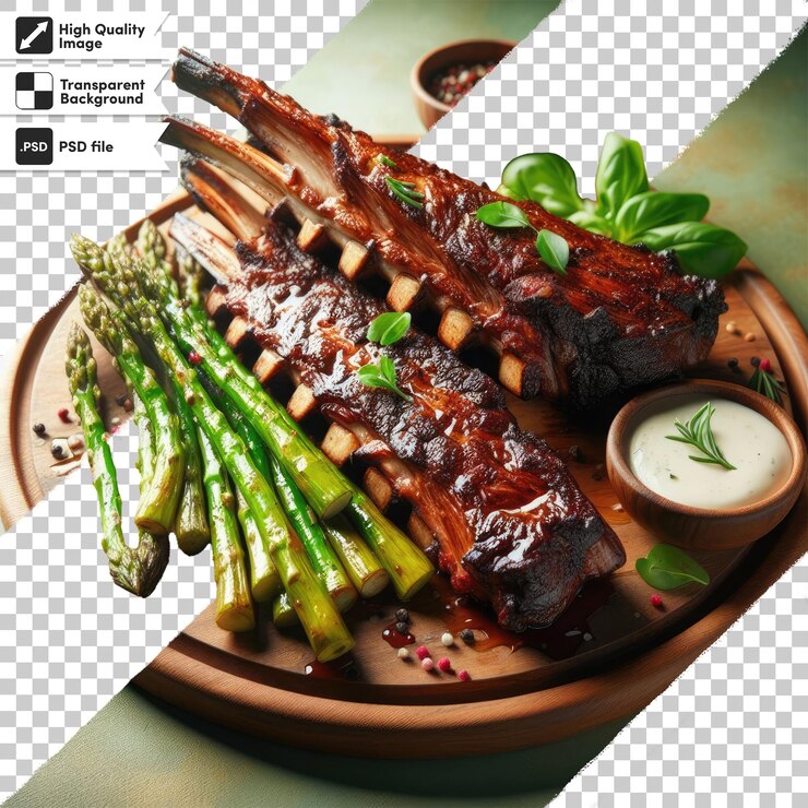 PSD bistec de carne a la parrilla con verduras sobre un fondo transparente