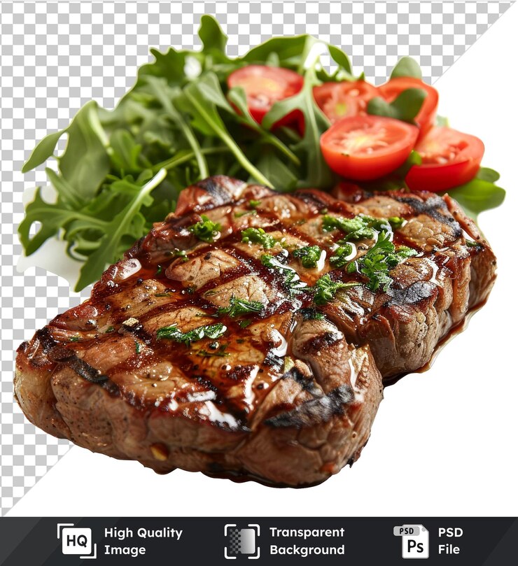 PSD bistec de objeto transparente con verduras aisladas en un fondo transparente acompañado de un tomate rojo