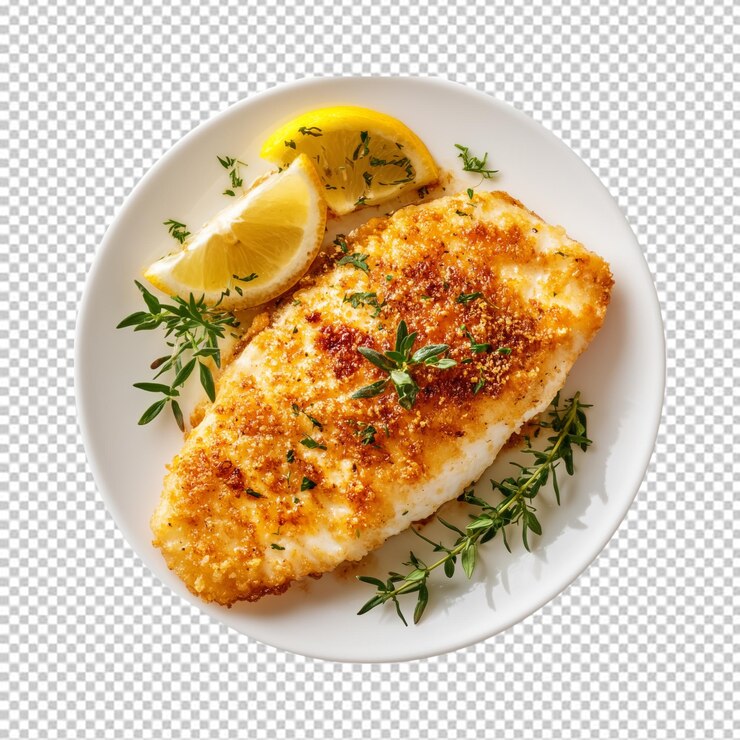 PSD bistec de pescado frito aislado sobre un fondo transparente