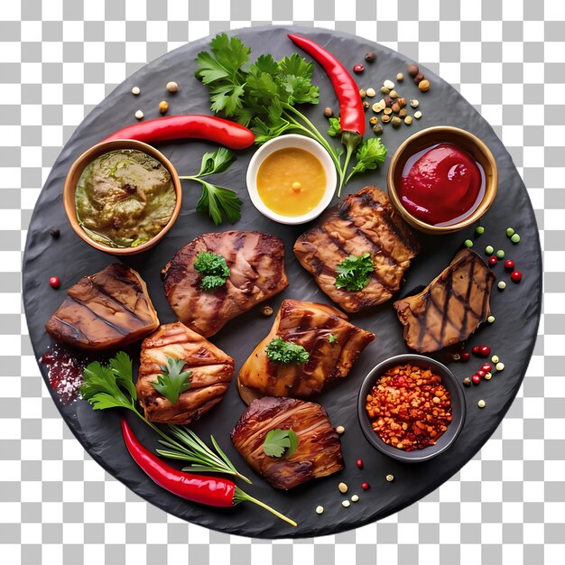 bistec de pollo a la parrilla con verduras en salsa y condimentos con un fondo transparente