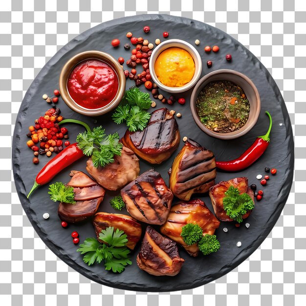 bistec de pollo a la parrilla con verduras en salsa y condimentos con un fondo transparente