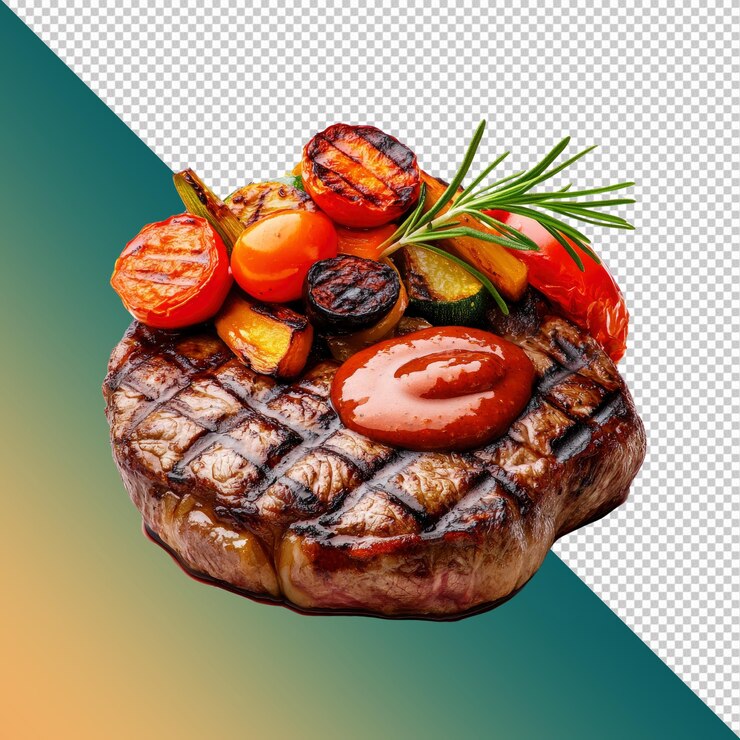 PSD bistec de ribeye a la parrilla con verduras asadas y romero