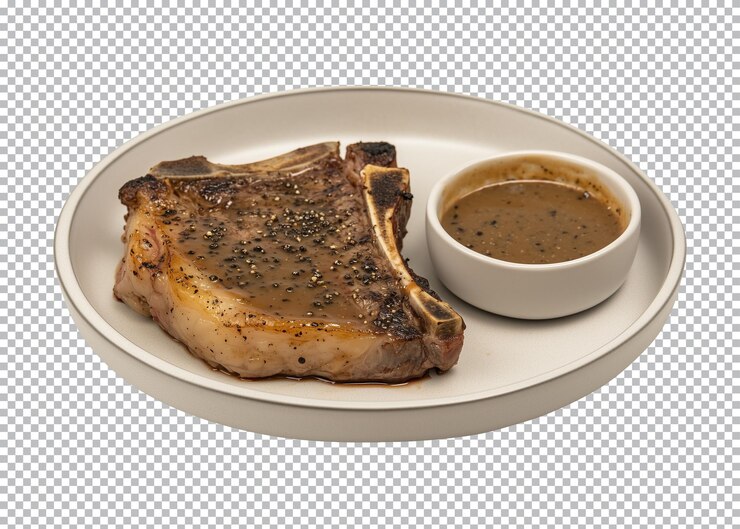 PSD bistec con salsa de pimienta negra en un plato aislado en un recorte png transparente o de fondo blanco