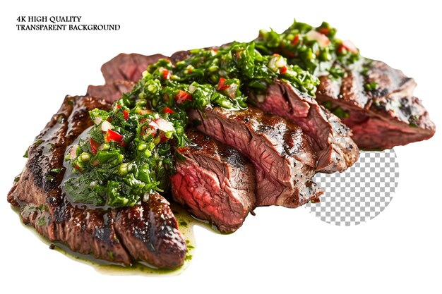 Bistec tritip marinado en una vibrante salsa de chimichurri sobre un fondo transparente